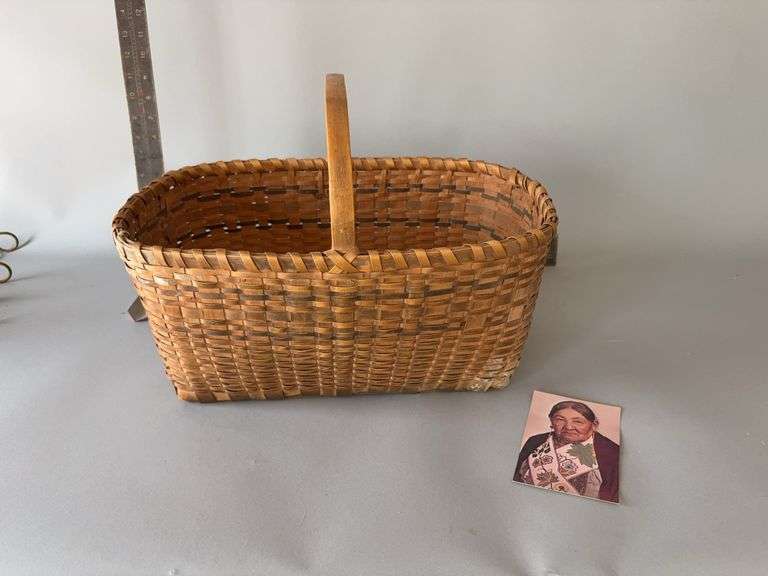 17x12x12H woven basket with handle Believe this to be an Emma Big Bear basket, local Marquette basket maker, check out the story about the basket maker, link in description image