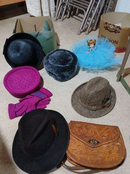Old hat boxes, hats, leather purse, jewelry box