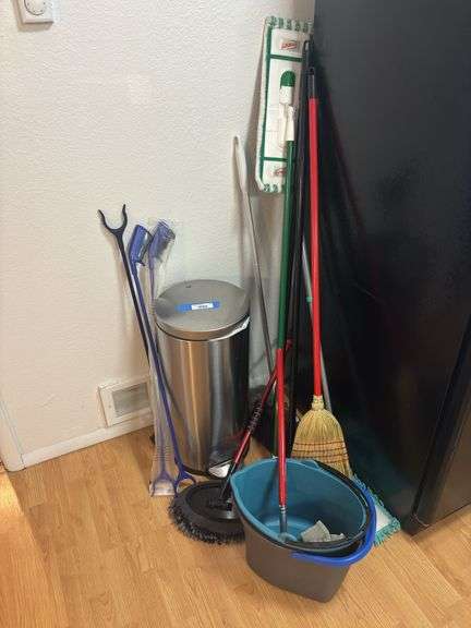Stainless trash can, mop buckets, grabbers, cleaning supplies image
