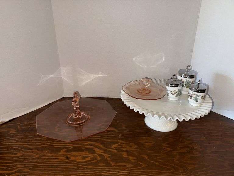 Pink Depression relish tray, milk glass cake stand, Royal Worchester egg coddlers, pink depression mint tray image