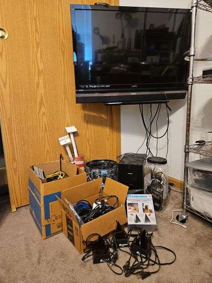 Vision 32" TV, Phillips Sound Bar and Speaker, Cords, Car Flags, Powermid Transmitters and Receiver (Bring Tools to Remove from Wall) (Bring Boxes to Pack)