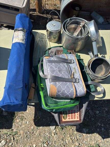 Camping lot - including fold up table, cooler, cookware image
