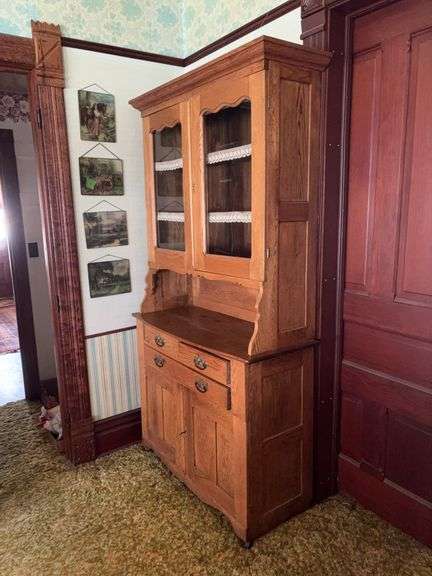 2pc oak kitchen cabinet with three drawers, glass upper doors and double door lower storage 18D x 44L x 84H image