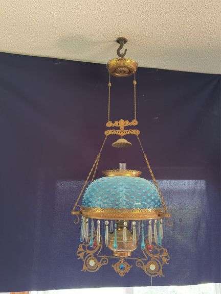 Hanging prism ring lamp, ice blue hobnail shade , 2 matching rings, smoke bell, retractable ceiling reel, jeweled frame, blue and clear prisms image