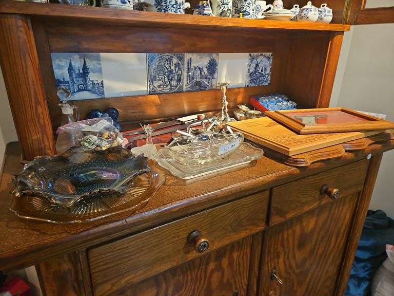 Red Rose Glass Tea Figures, Salt n Pepper Shakers, Candlestick, Knives, Carnival Glass, Pictures (Bring Boxes to Pack) - Countertop of Cabinet image
