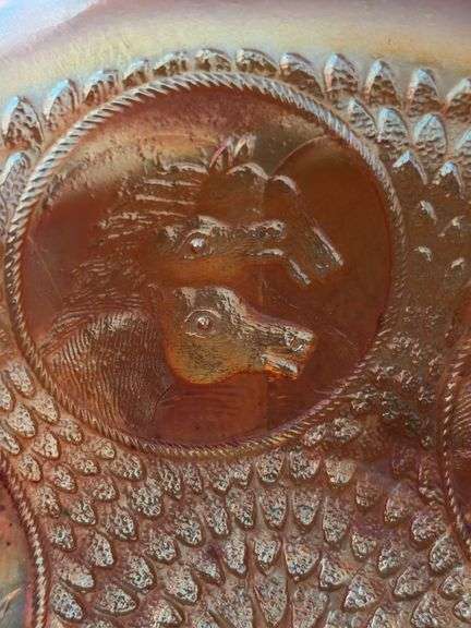 Marigold carnival glass Pharoahs Horses pattern three footed bowl