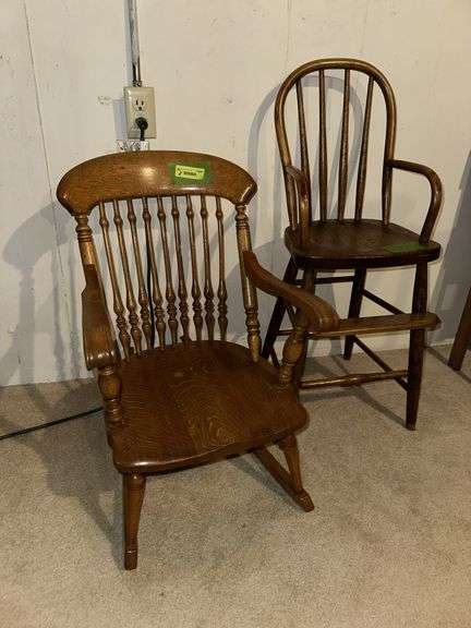 Child's oak arm rocker and bentback youth chair