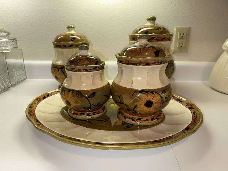 Canister set and serving tray Tray has hairline crack, see photos