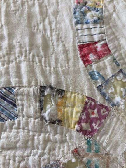 69 x 88 double wedding ring quilt, many worn spots