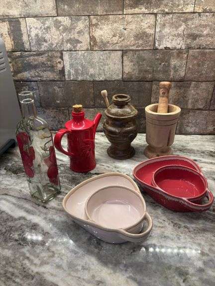 Chip and dip bowls, wooden pesto set, honey jar, red tea pot, painted glass jar