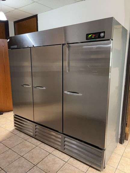Beverage Air Commercial Refrigerator, working, has key, 82” long, 30” deep, 78” high. Left door is locked and we could not get unlocked with key.  May need adjusted.  Bring roller carts and help to move out! image