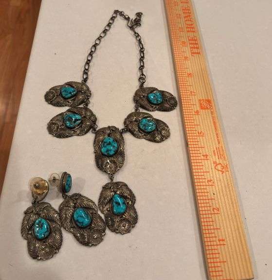 Vintage Sterling and Turquoise Necklace and Pierced Earrings image