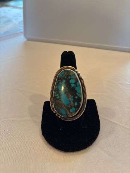 Native American Large Turquoise Ring marked Sterling NAKAI, size approximately 10 image