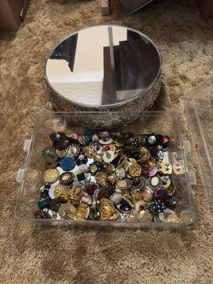 12” round mirrored footed dresser tray and large quantity of brooches, shoe clips for crafting image