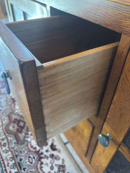 Solid oak television stand mission style with four panel glass doors 54 x 22 x 25