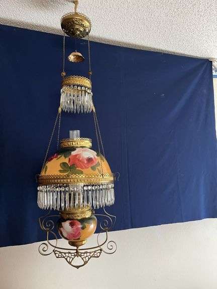 Hanging prism ring Lamp, 3 of 4 rings match, hand painted shade and font, ceiling reel, smoke bell, ornate brass frame, LOTS of prisms image