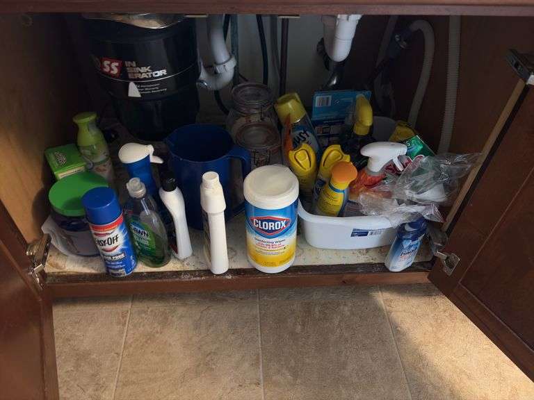 Kitchen utensils, plastic storage containers, cleaning supplies “E” cupboards