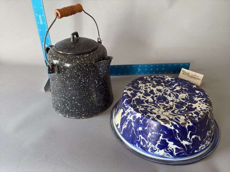 Dark blue swirl pan and black speckled enamel coffee pot image