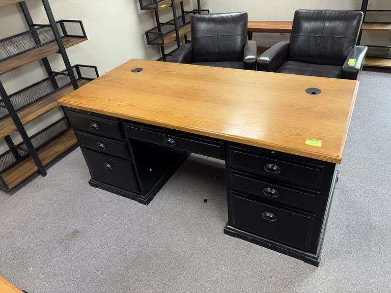 32D x 69L x 30H locking desk with 7 drawers and two pull out writing trays