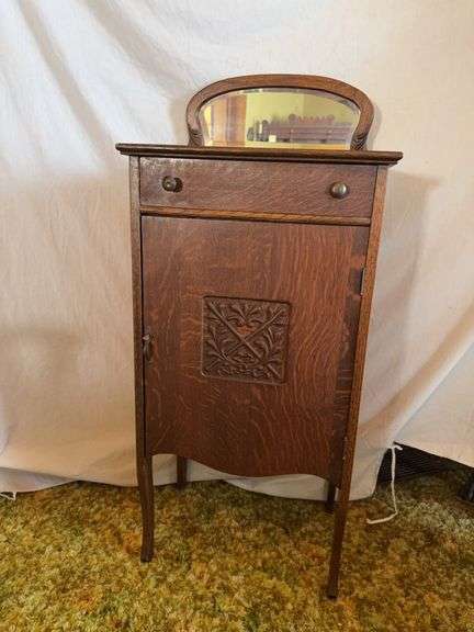 Oak sheet music cabinet 14D x 20L x 45H w/ mirrored backsplash image