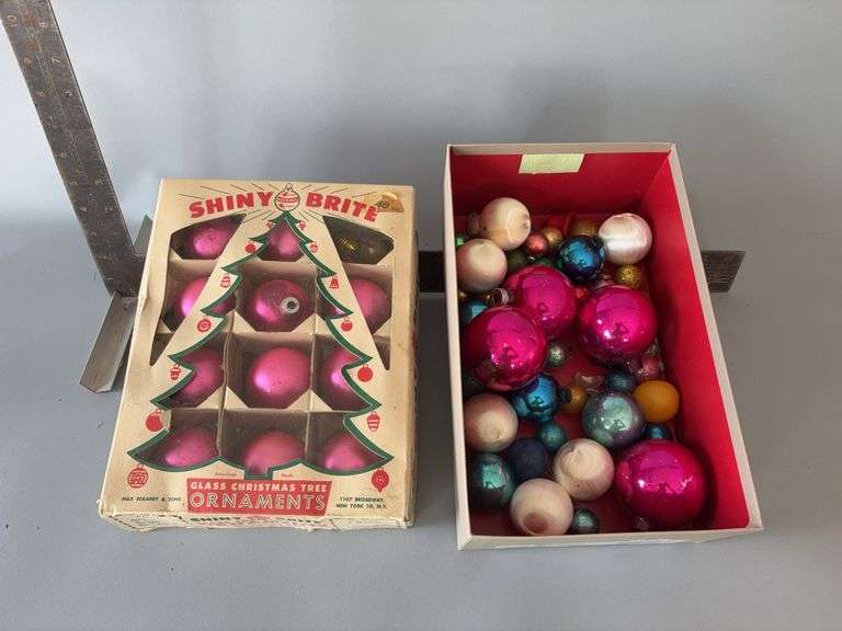 Vintage bulbs includes Shiny Brite, original Shiny Brite box, tiny bulbs are marked Japan image
