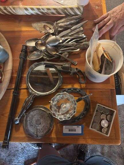 Collectibles including foreign coins, dresser mirror, coasters, revolver, spotting scope, flatware image