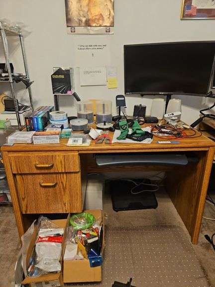 Desk 47 x 27 x 29 with ALL Contents, 27" Monitor, CDs, Speakers, Cords-Bring boxes to pack