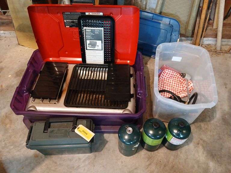 Coleman portable LP camp stove, gas cylinders, BBQ accessories image