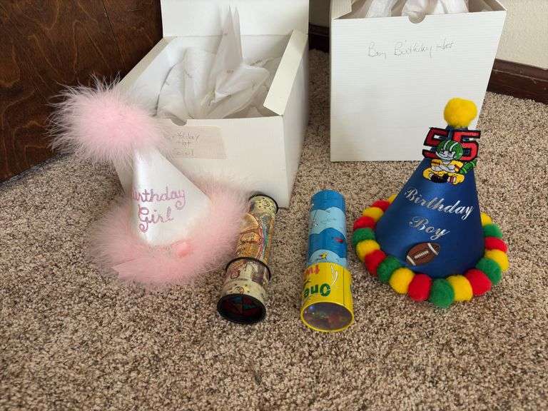 Two kaleidoscopes and BOY and GIRL birthday hats image