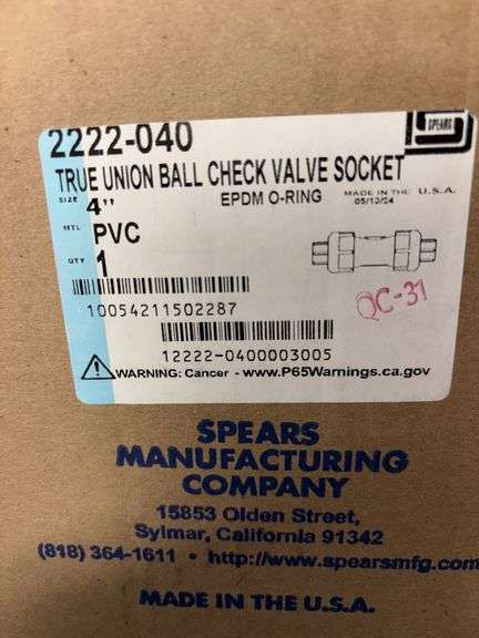 Spears Mfg Co True Union ball check valve socket OVC 4” Part 2222-040 image