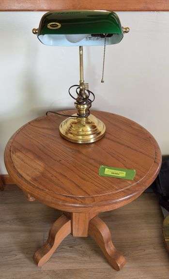 23x22 modern oak pedestal side table and green shade student lamp image