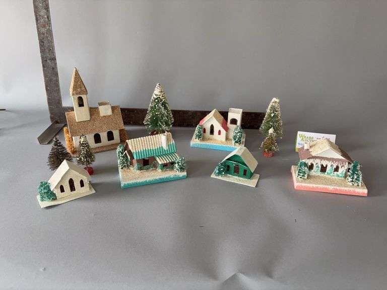 Putz houses with bottle brush trees, marked Made in Japan on bottom image