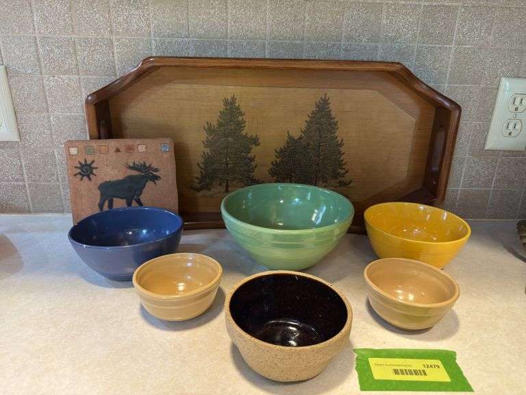 Various stoneware bowls all unmarked, ceramic moose tile and wooden serving tray with pine tree decoupage image