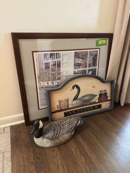 Big Sky Carvers Canada goose decoy, 31x25 James Redding print and 24x14 wooden antiques sign image