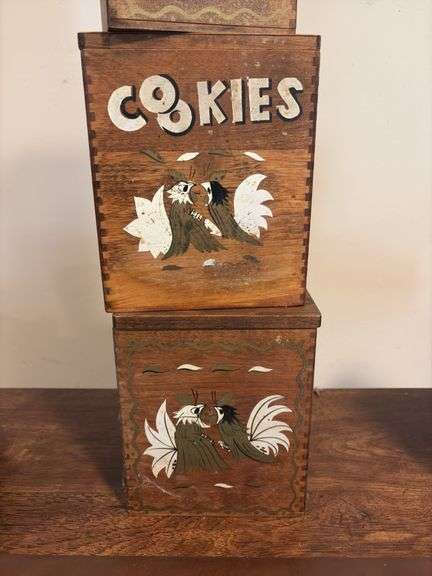 Four wooden canisters with dovetail corners and fighting roosters MIssing one lid