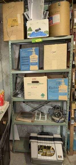 Metal shelf unit and contents, wiring, Plano stacking toolbox, metal scraps, etc... image