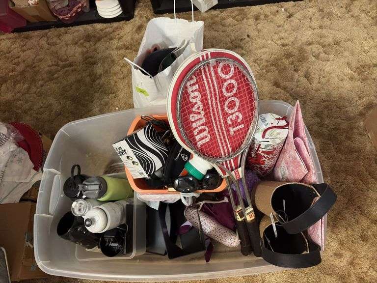 Tote with ball caps, single wine bottle carriers, water bottles, tennis rackets, LED shoe lights, etc image