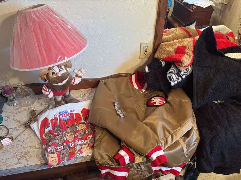 San Francisco 49ers starter jacket size large, 1989 Super Bowl T-shirt size extra large, lamp and two plush blankets plus a 49ers wrist watch image