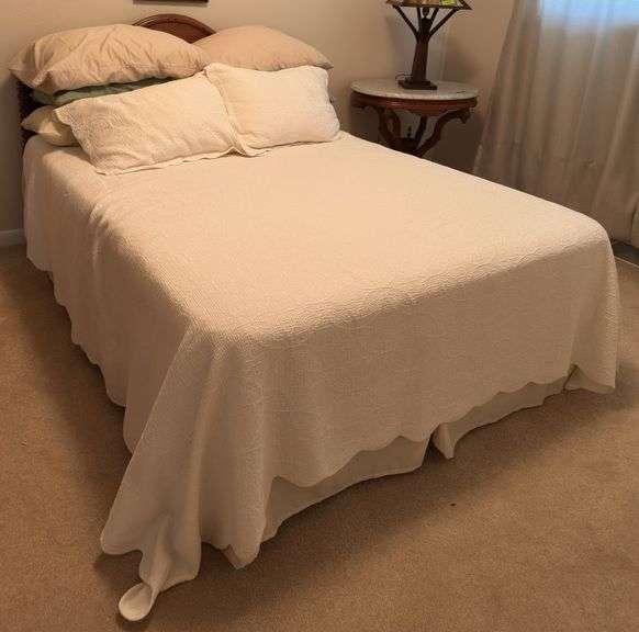 Full size bed with walnut headboard, mattress and box spring LINENS INCLUDED