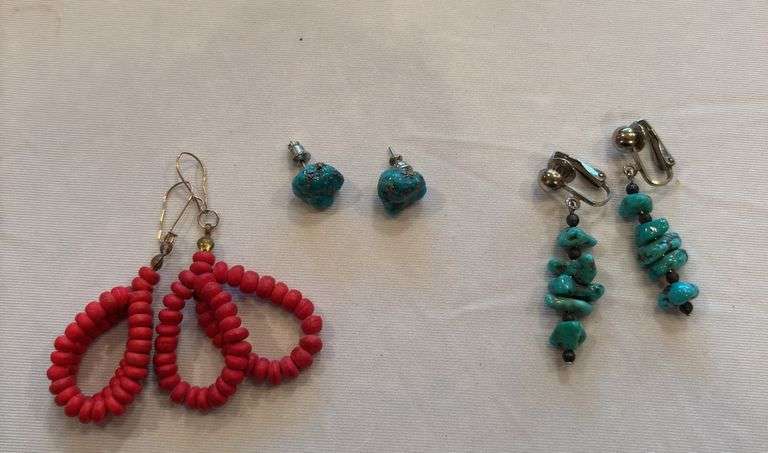 Three pairs of earrings, Turquoise and Coral image