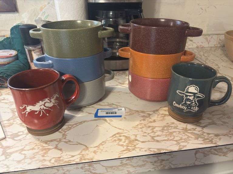 Set of six double handled soup bowls, (ceramic - one missing a handle) and two western themed coffee mugs image