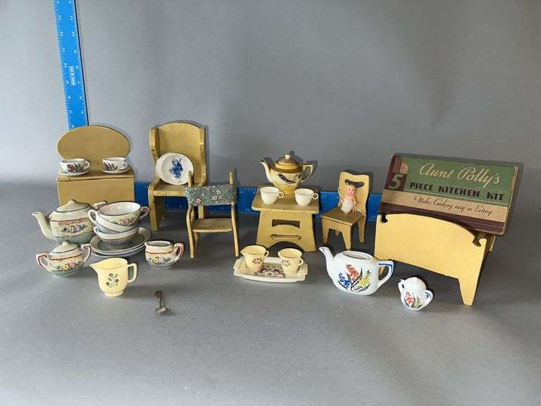 Wooden doll furniture, childrens tea sets image