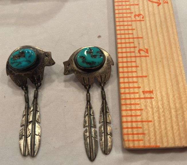 Sterling Bear/feather dangle pierced earrings image