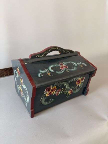Rosemaled lift top sewing box full of sewing notions image