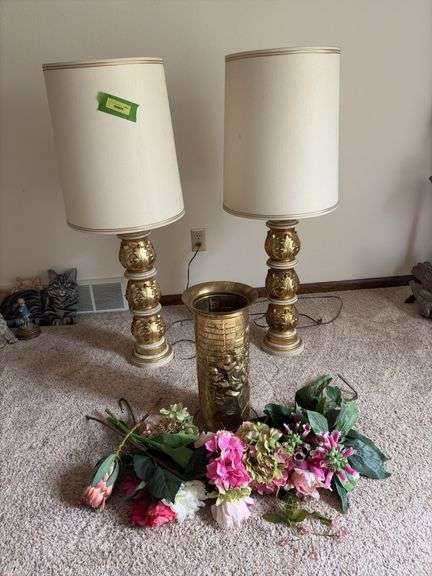 (2) 3.5’ tall table lamps and 18” tall umbrella stand with artificial flowers image