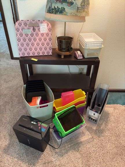 Office bins/trays, plastic shelf, lamps, paper shredder, etc