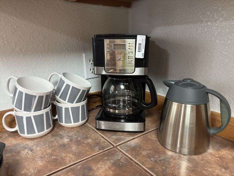 Mr coffee coffee maker, coffee carafe, and four extra large ceramic mugs image
