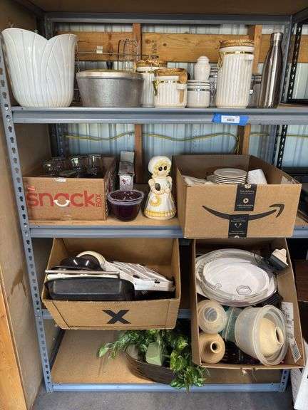 Three shelves worth of kitchen wares - set of white ceramic dishes, aluminum roaster, drinking glasses, cooking pans, plasticware image