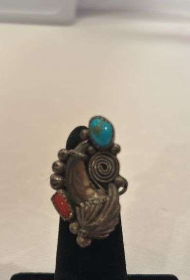Native American Turquoise, coral, appears to be a bear claw, unmarked, band is bent, size approximately 5 image