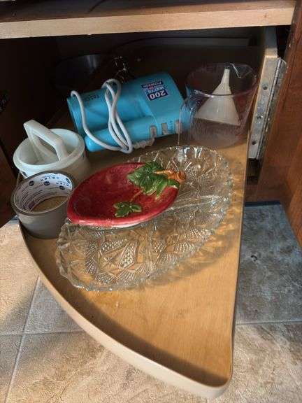 Kitchen utensils, vases, plastic storage, steamer pot, etc “B” cupboards